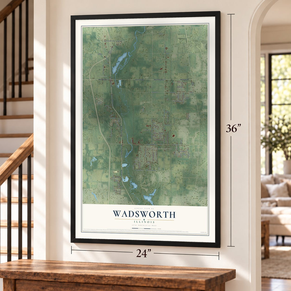 Wadsworth, Illinois map, 24 x 36 inch print in a black frame by a staircase
