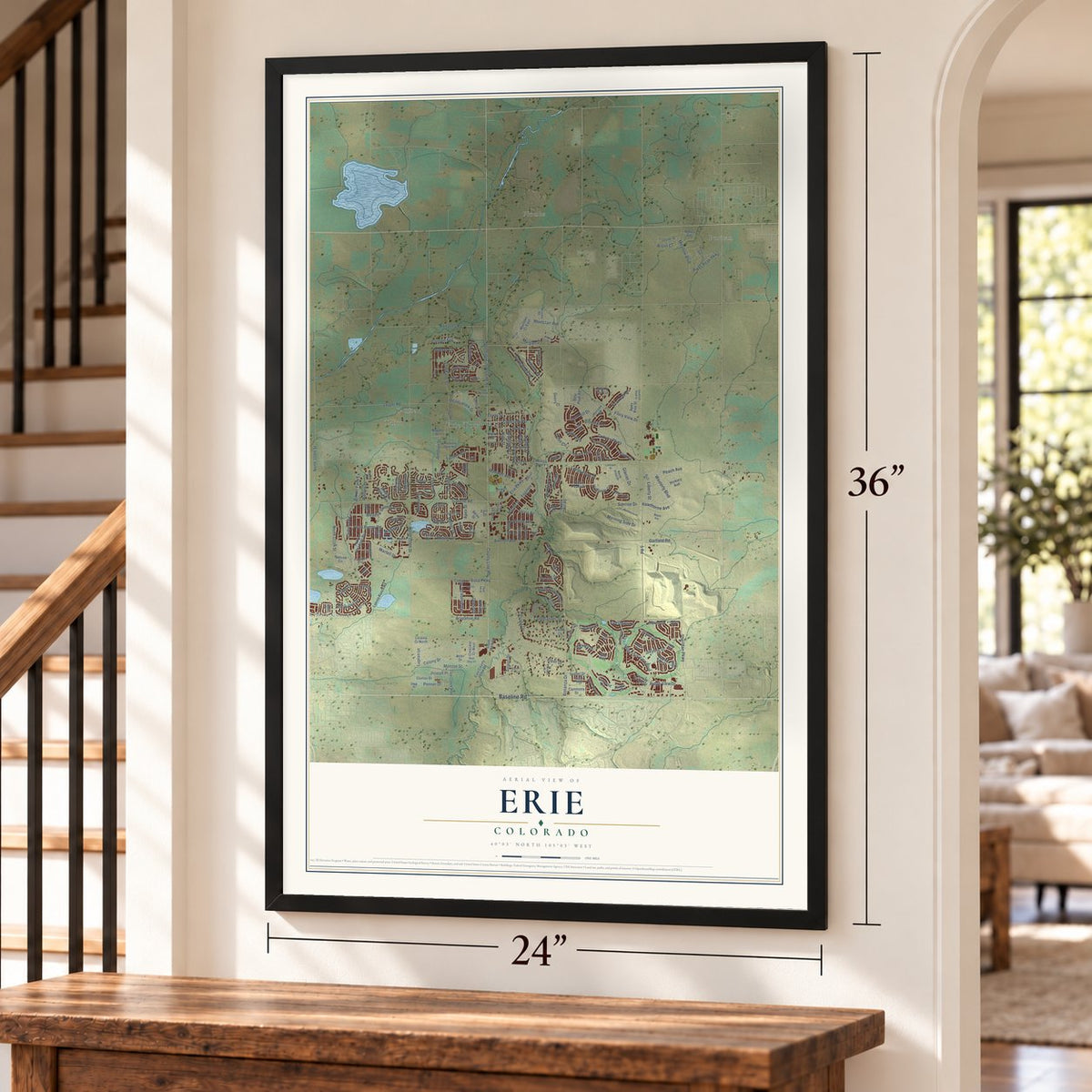 Erie, Colorado map, 24 x 36 inch print in a black frame by a staircase