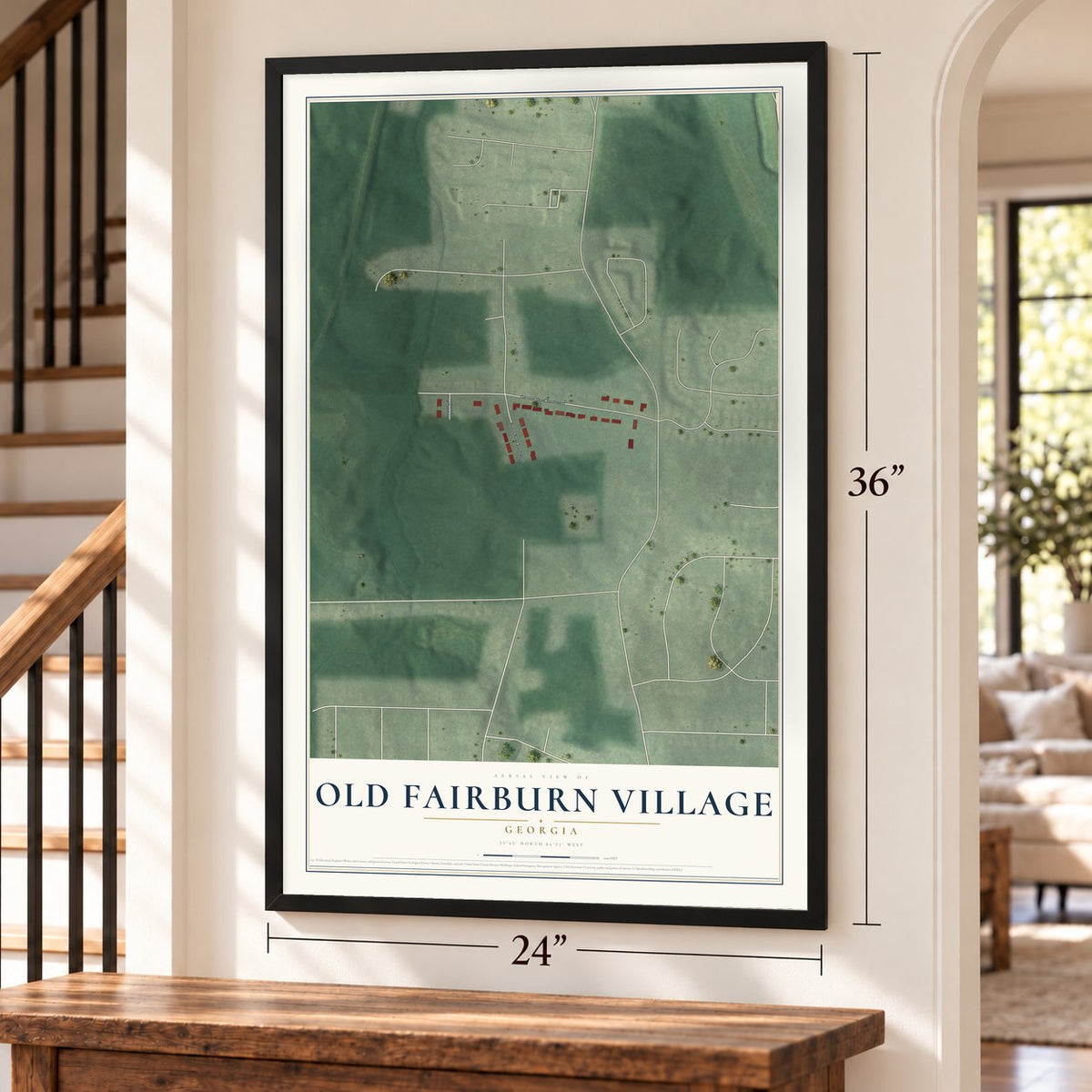 Old Fairburn Village, Georgia map, 24 x 36 inch print in a black frame by a staircase