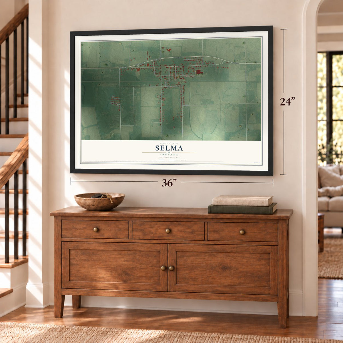 Selma, Indiana map, 24 x 36 inch print in a black frame above a dresser by a staircase