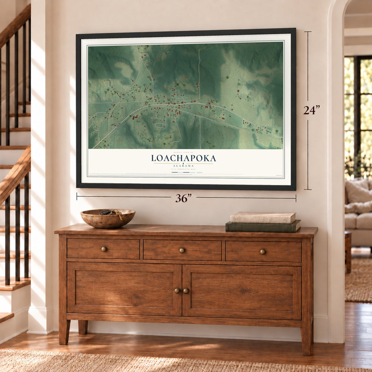 Loachapoka, Alabama map, 24 x 36 inch print in a black frame above a dresser by a staircase
