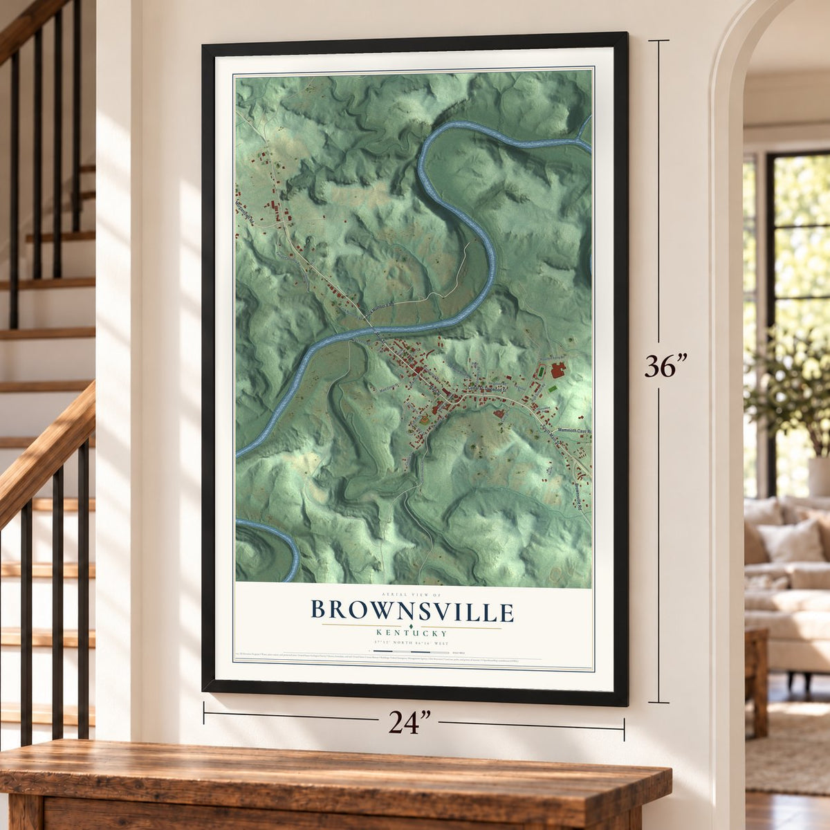 Brownsville, Kentucky map, 24 x 36 inch print in a black frame by a staircase