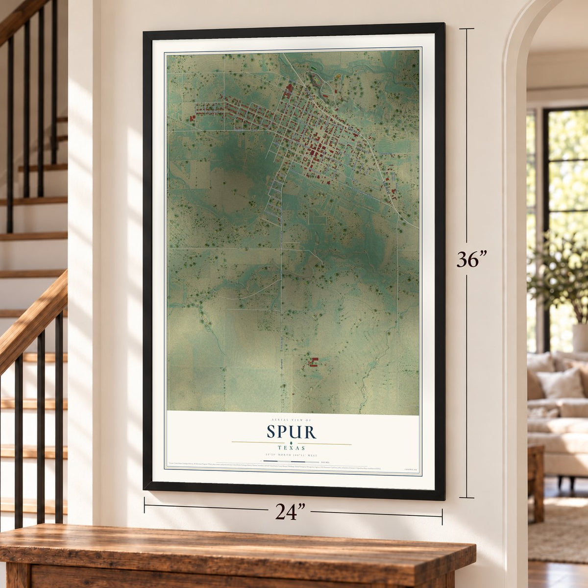Spur, Texas map, 24 x 36 inch print in a black frame by a staircase
