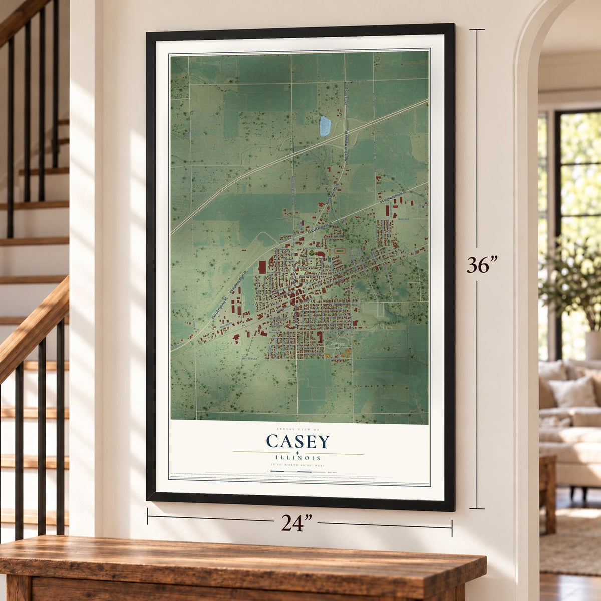 Casey, Illinois map, 24 x 36 inch print in a black frame by a staircase