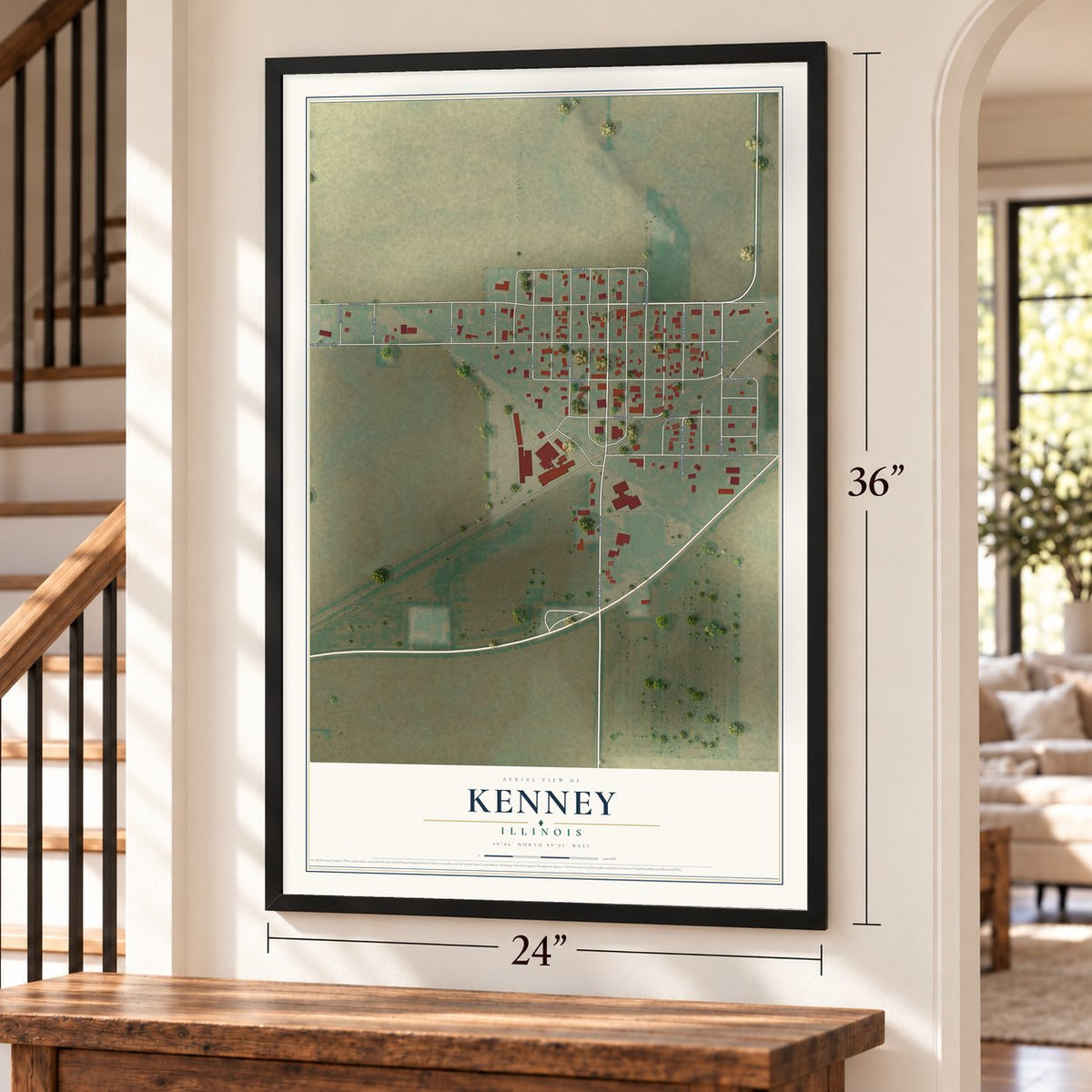 Kenney, Illinois map, 24 x 36 inch print in a black frame by a staircase