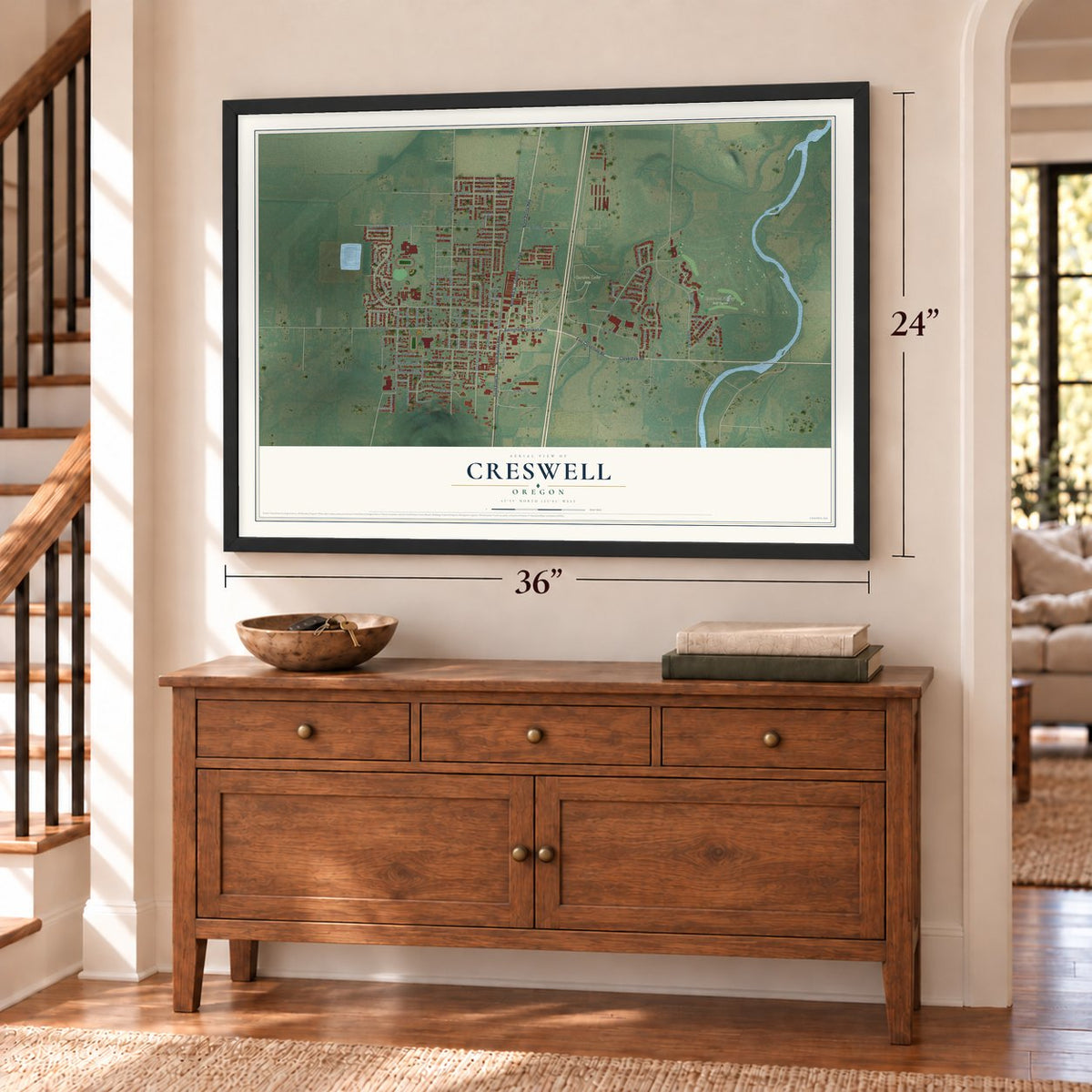 Creswell, Oregon map, 24 x 36 inch print in a black frame above a dresser by a staircase