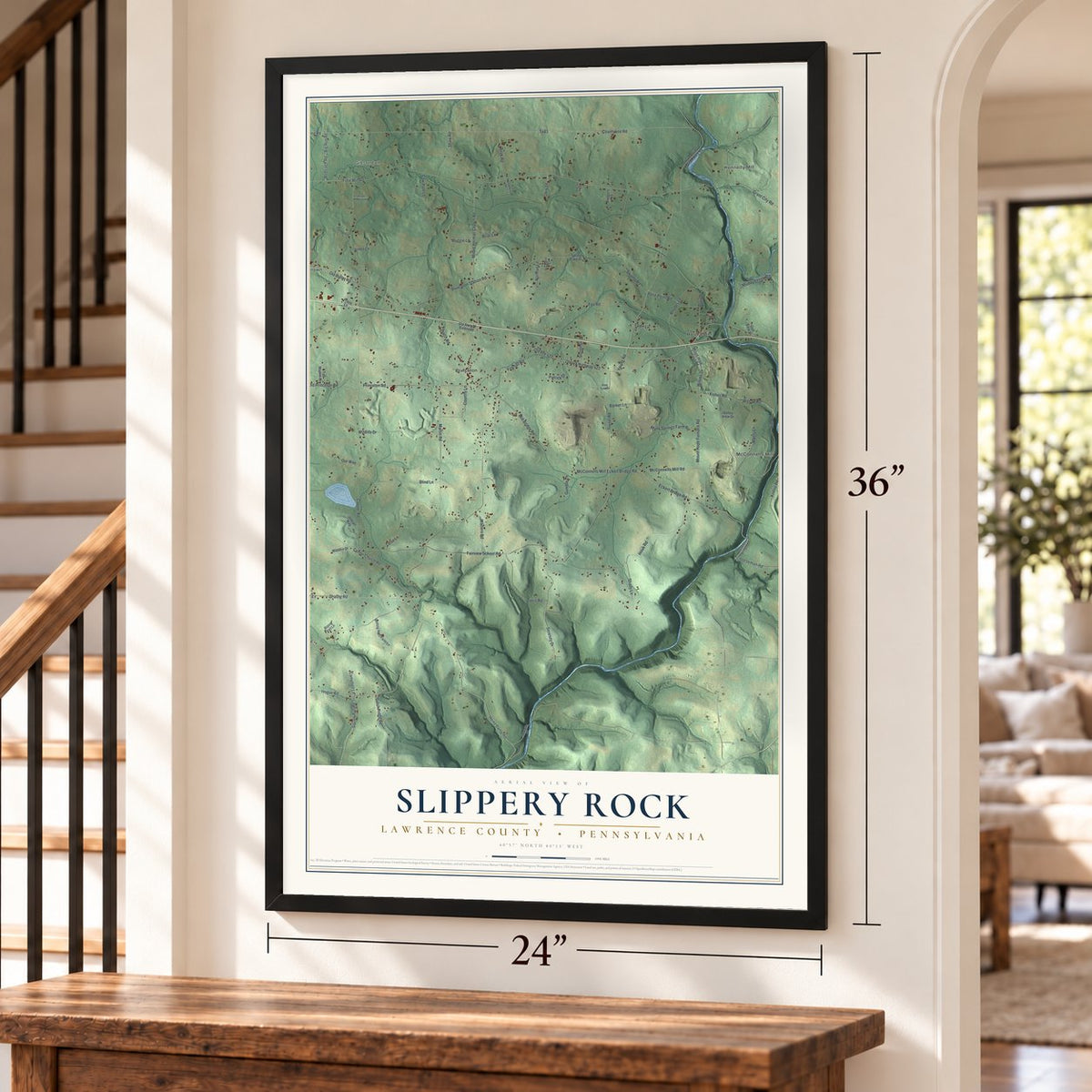 Slippery Rock, Lawrence County, Pennsylvania map, 24 x 36 inch print in a black frame by a staircase