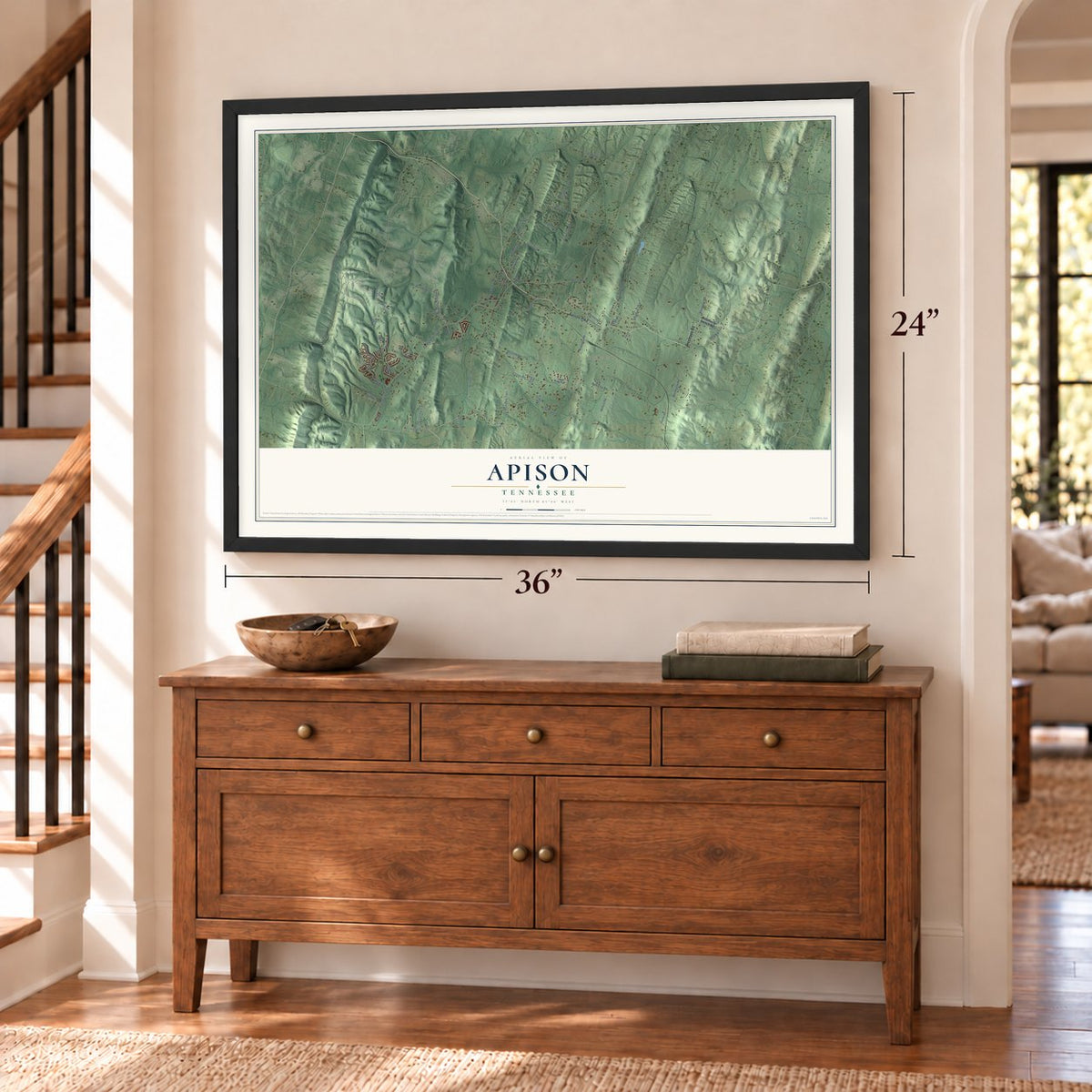 Apison, Tennessee map, 24 x 36 inch print in a black frame above a dresser by a staircase