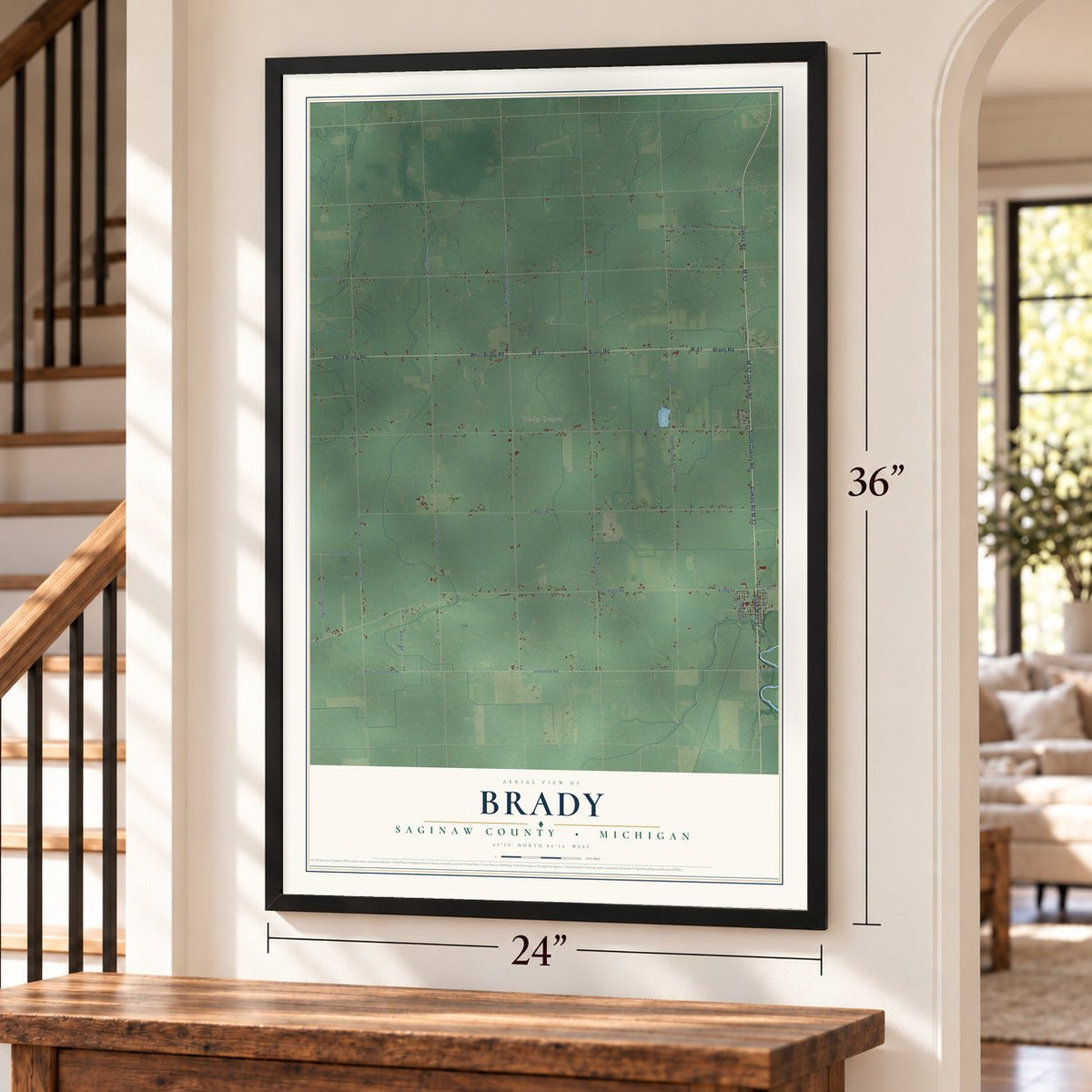 Brady, Saginaw County, Michigan map, 24 x 36 inch print in a black frame by a staircase