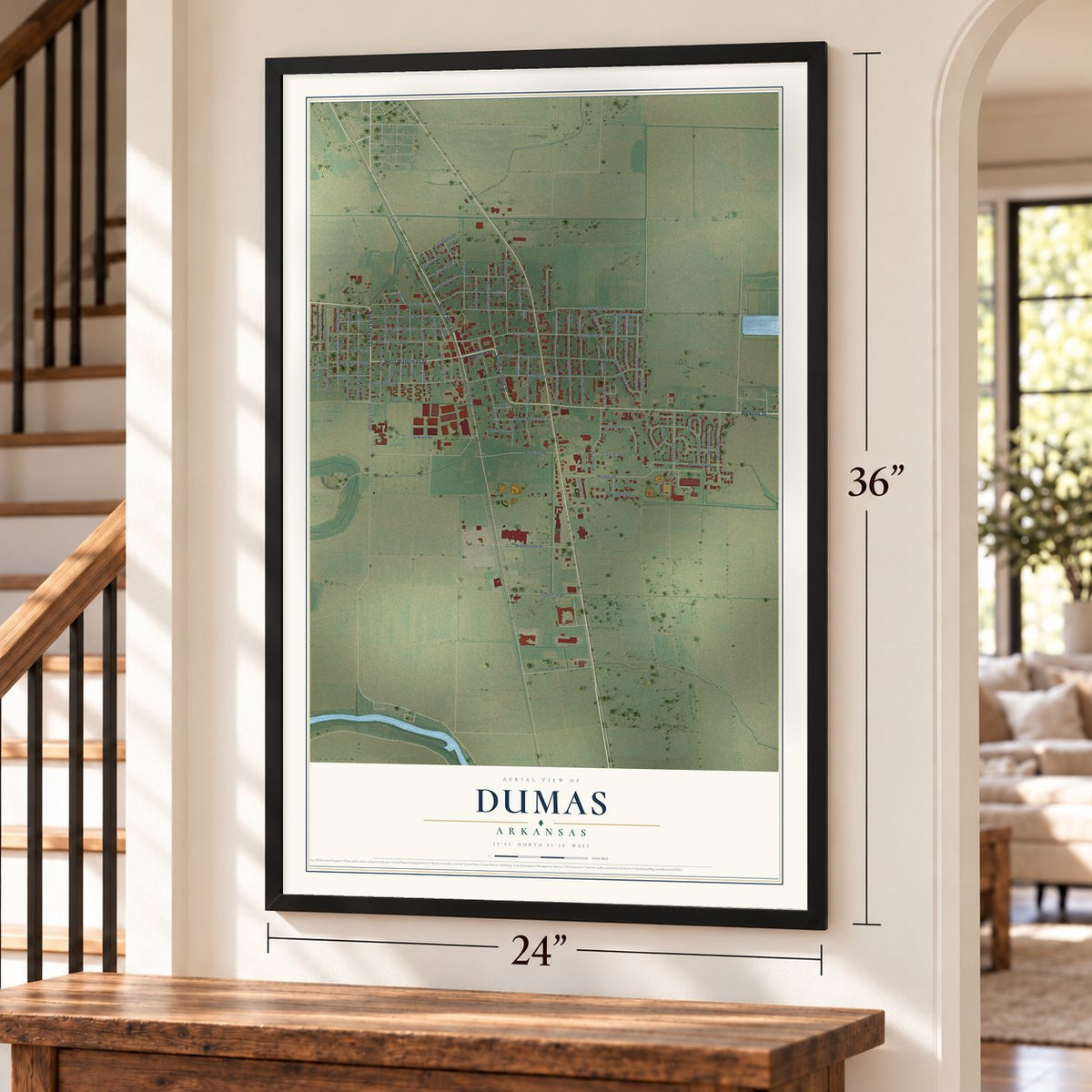 Dumas, Arkansas map, 24 x 36 inch print in a black frame by a staircase