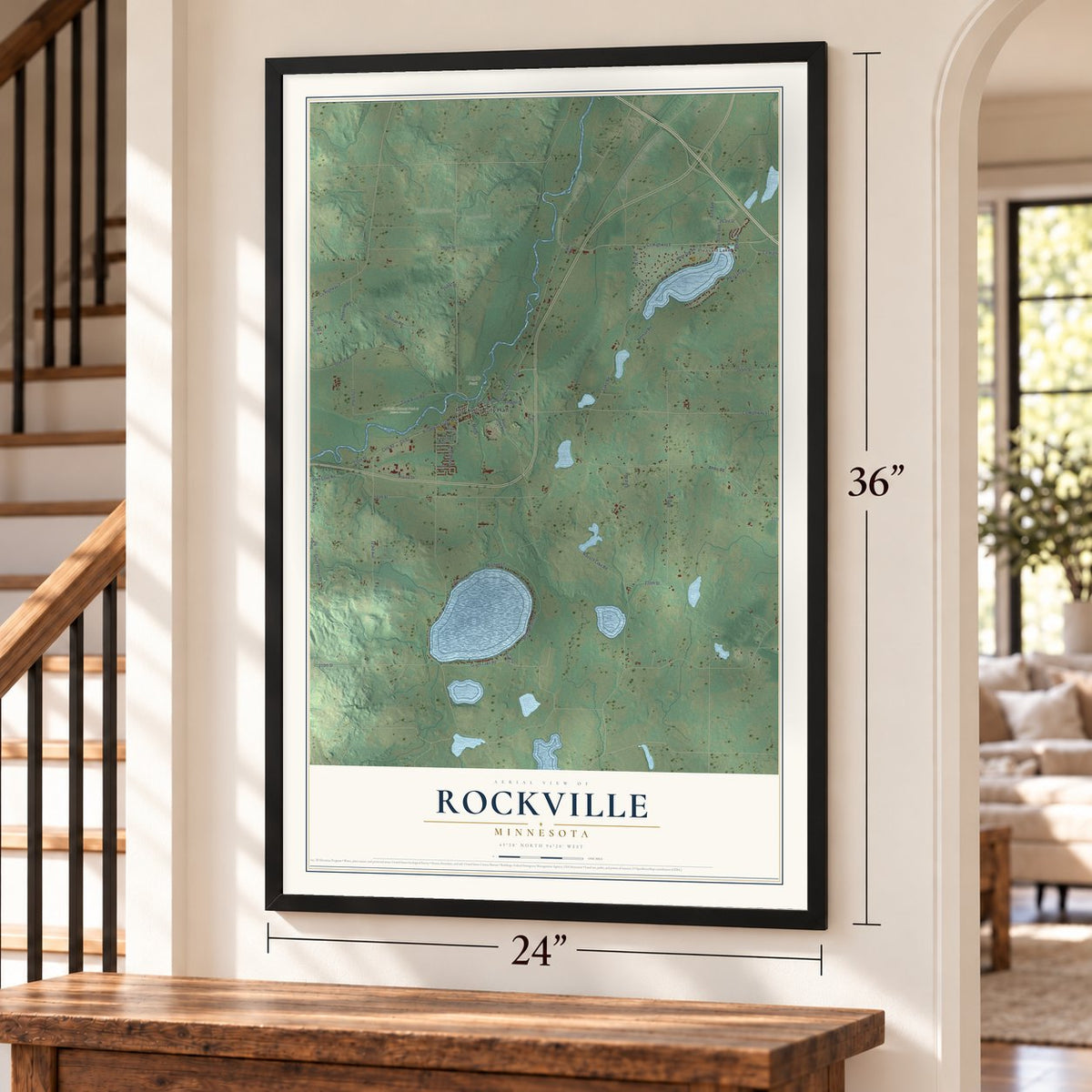 Rockville, Minnesota map, 24 x 36 inch print in a black frame by a staircase