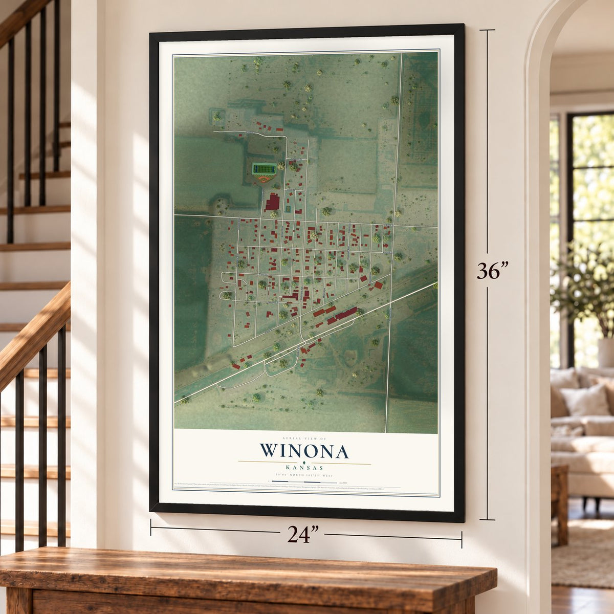 Winona, Kansas map, 24 x 36 inch print in a black frame by a staircase