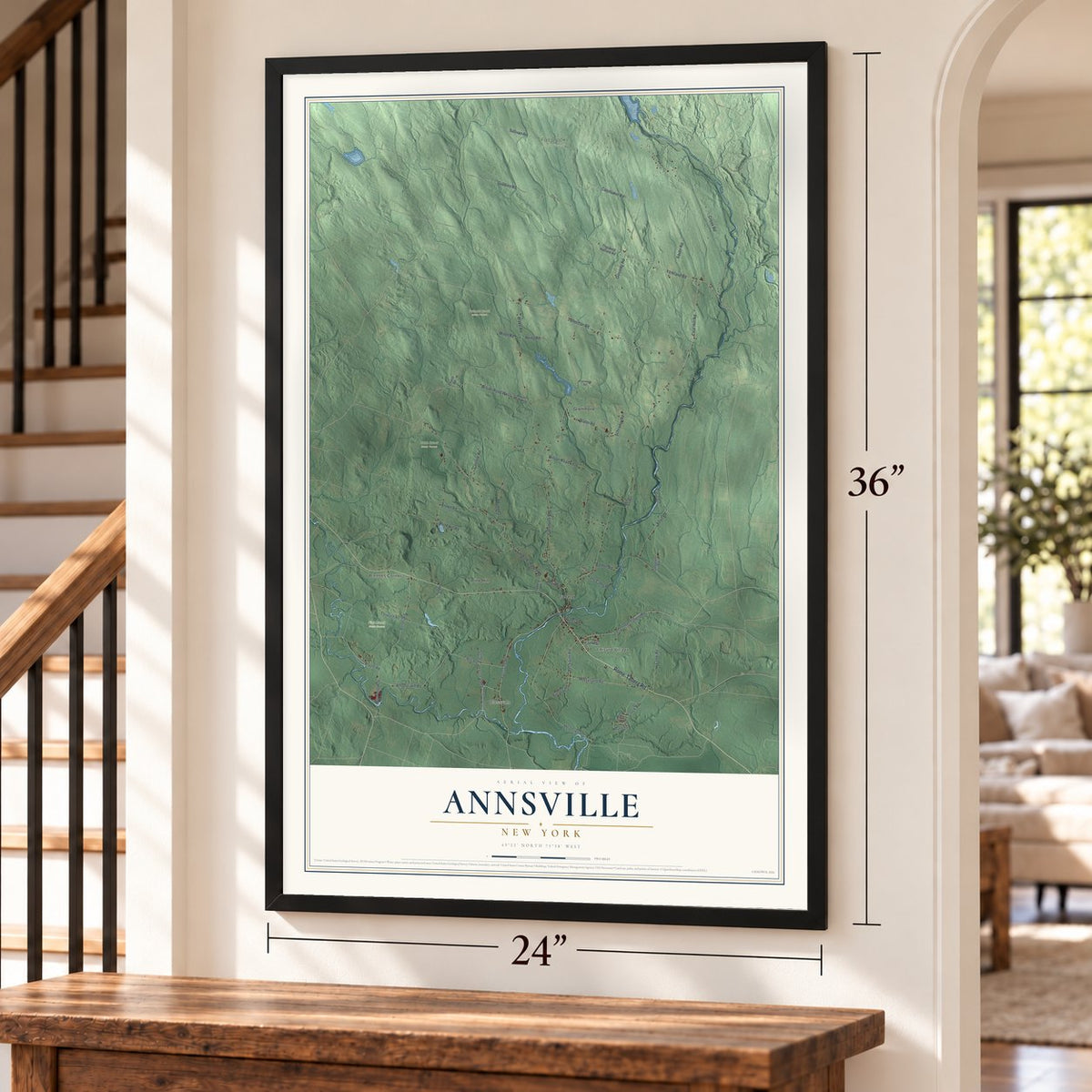 Annsville, New York map, 24 x 36 inch print in a black frame by a staircase