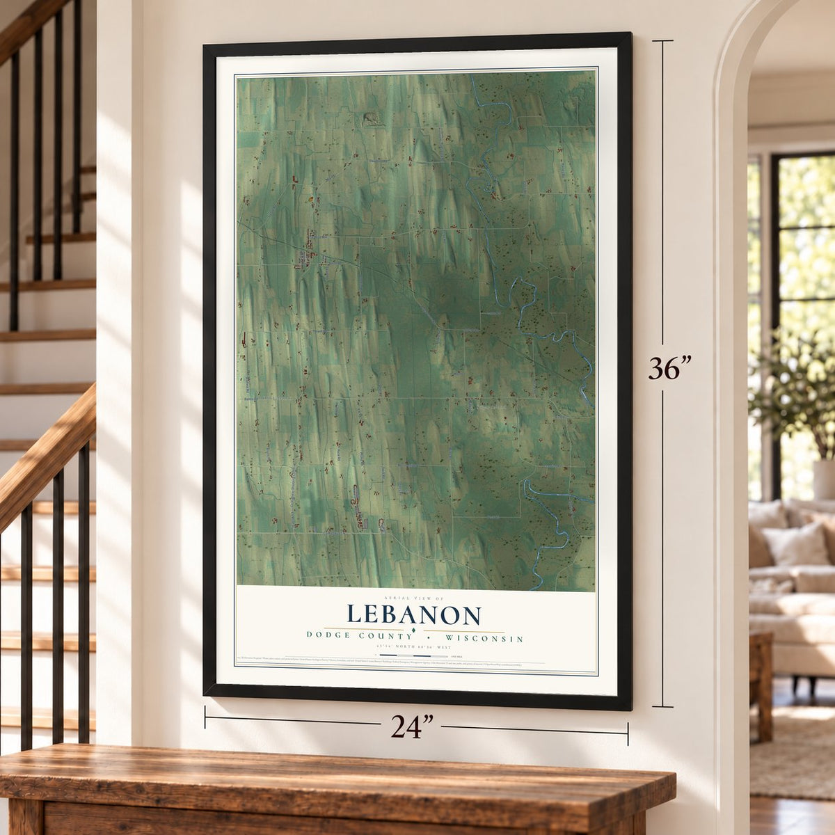Lebanon, Dodge County, Wisconsin map, 24 x 36 inch print in a black frame by a staircase
