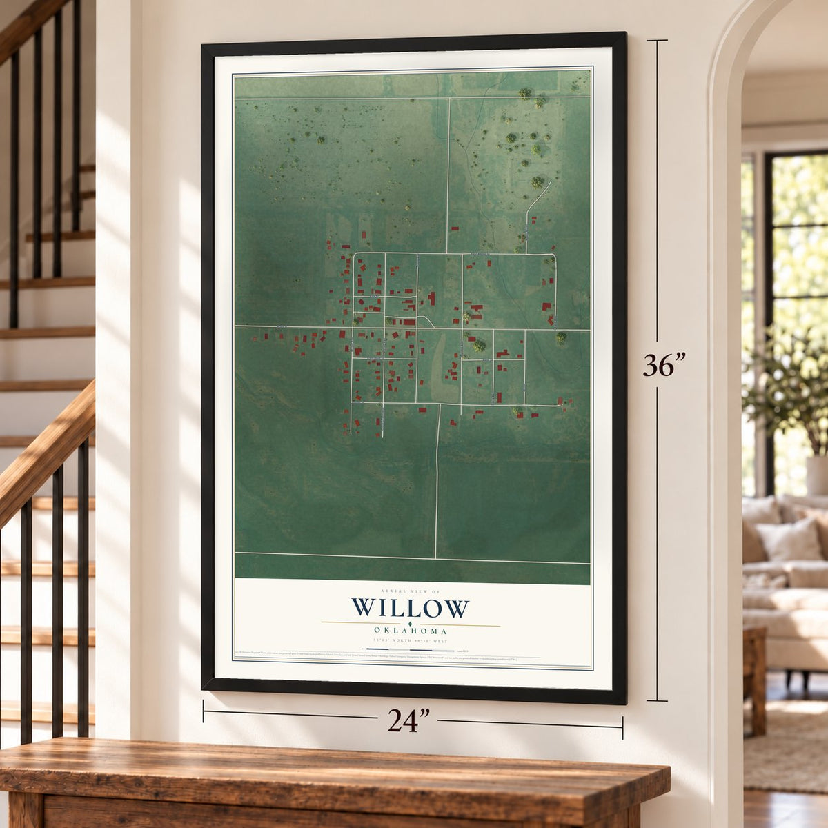 Willow, Oklahoma map, 24 x 36 inch print in a black frame by a staircase