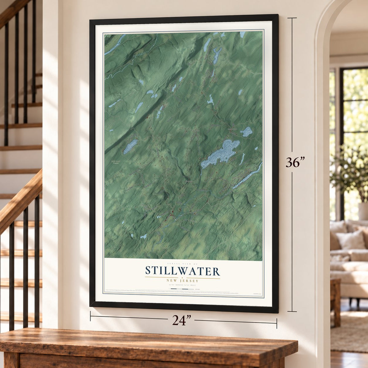 Stillwater, New Jersey map, 24 x 36 inch print in a black frame by a staircase