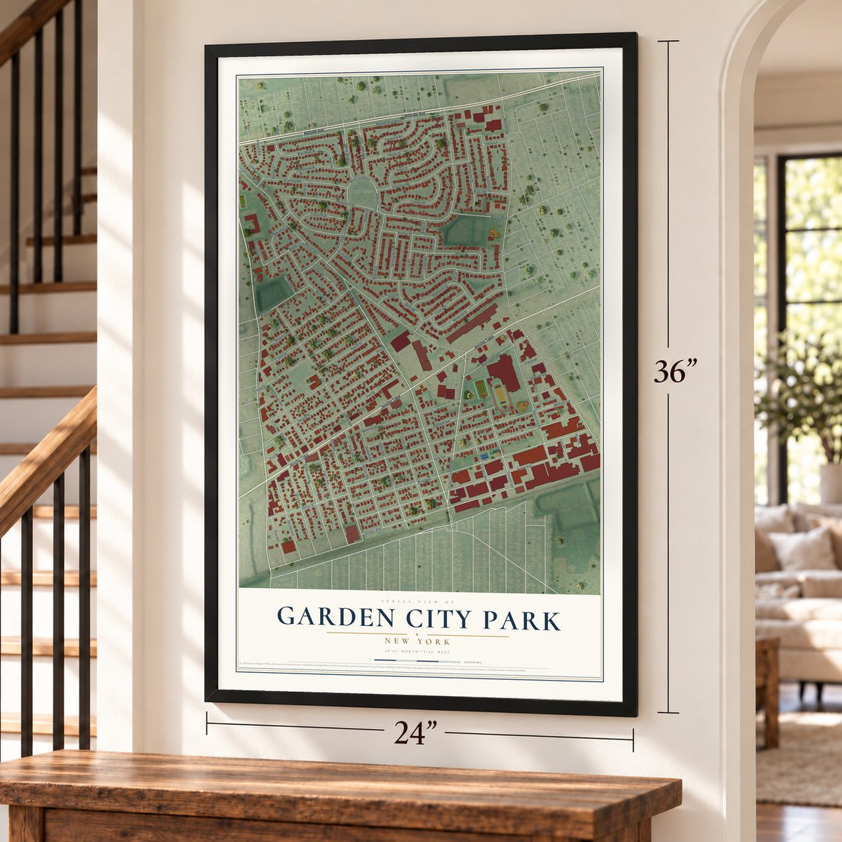 Garden City Park, New York map, 24 x 36 inch print in a black frame by a staircase