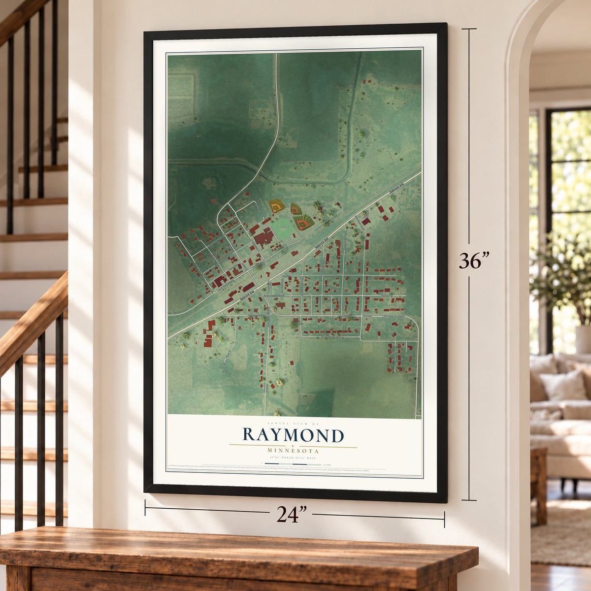 Raymond, Minnesota map, 24 x 36 inch print in a black frame by a staircase