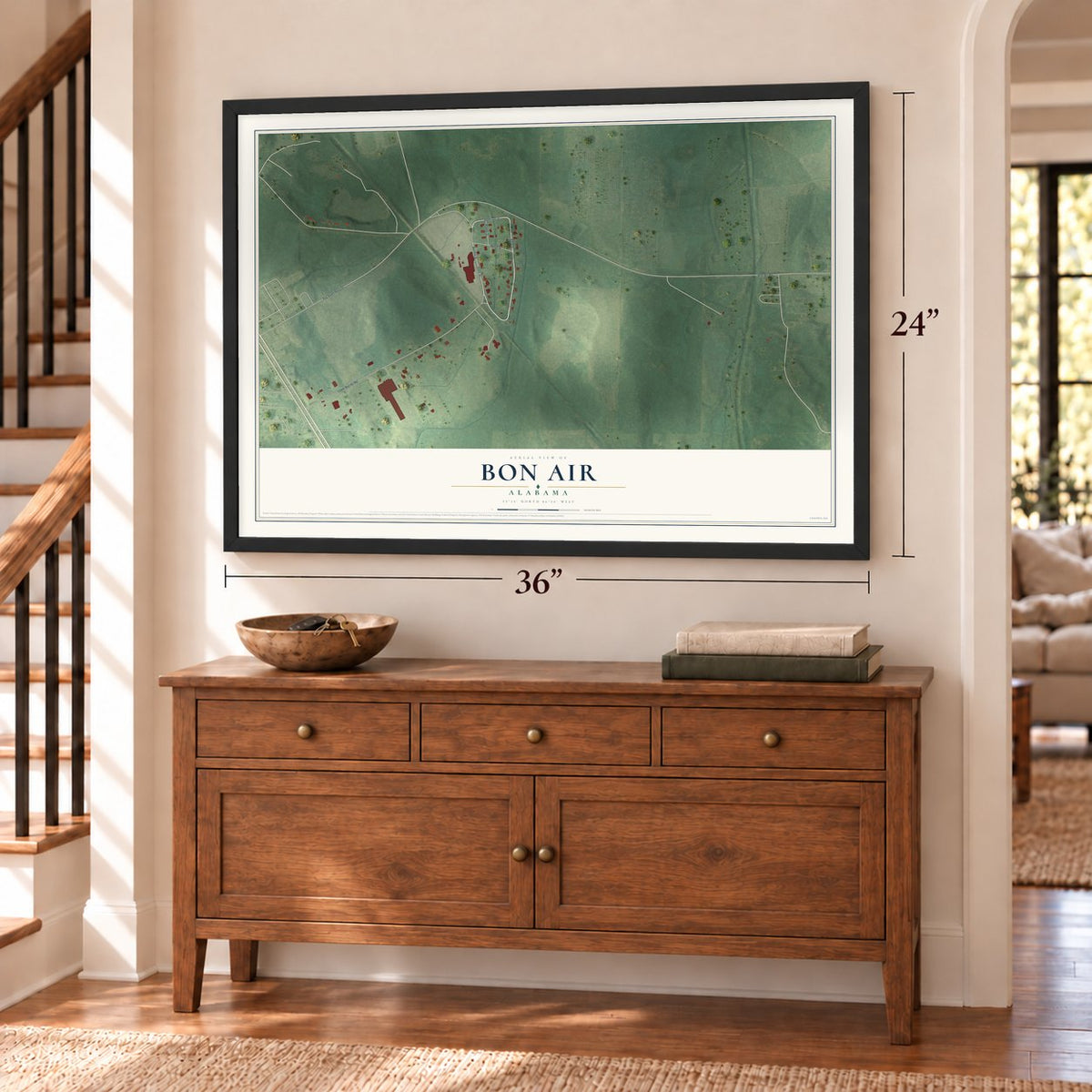 Bon Air, Alabama map, 24 x 36 inch print in a black frame above a dresser by a staircase
