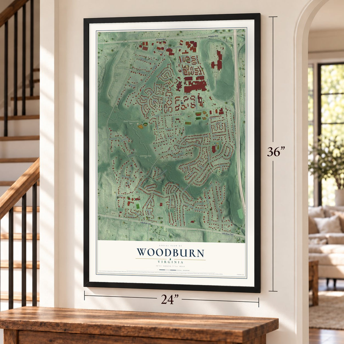 Woodburn, Virginia map, 24 x 36 inch print in a black frame by a staircase