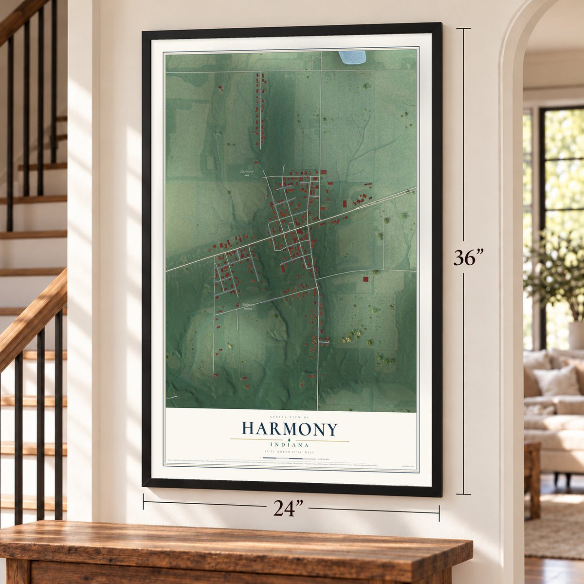 Harmony, Indiana map, 24 x 36 inch print in a black frame by a staircase