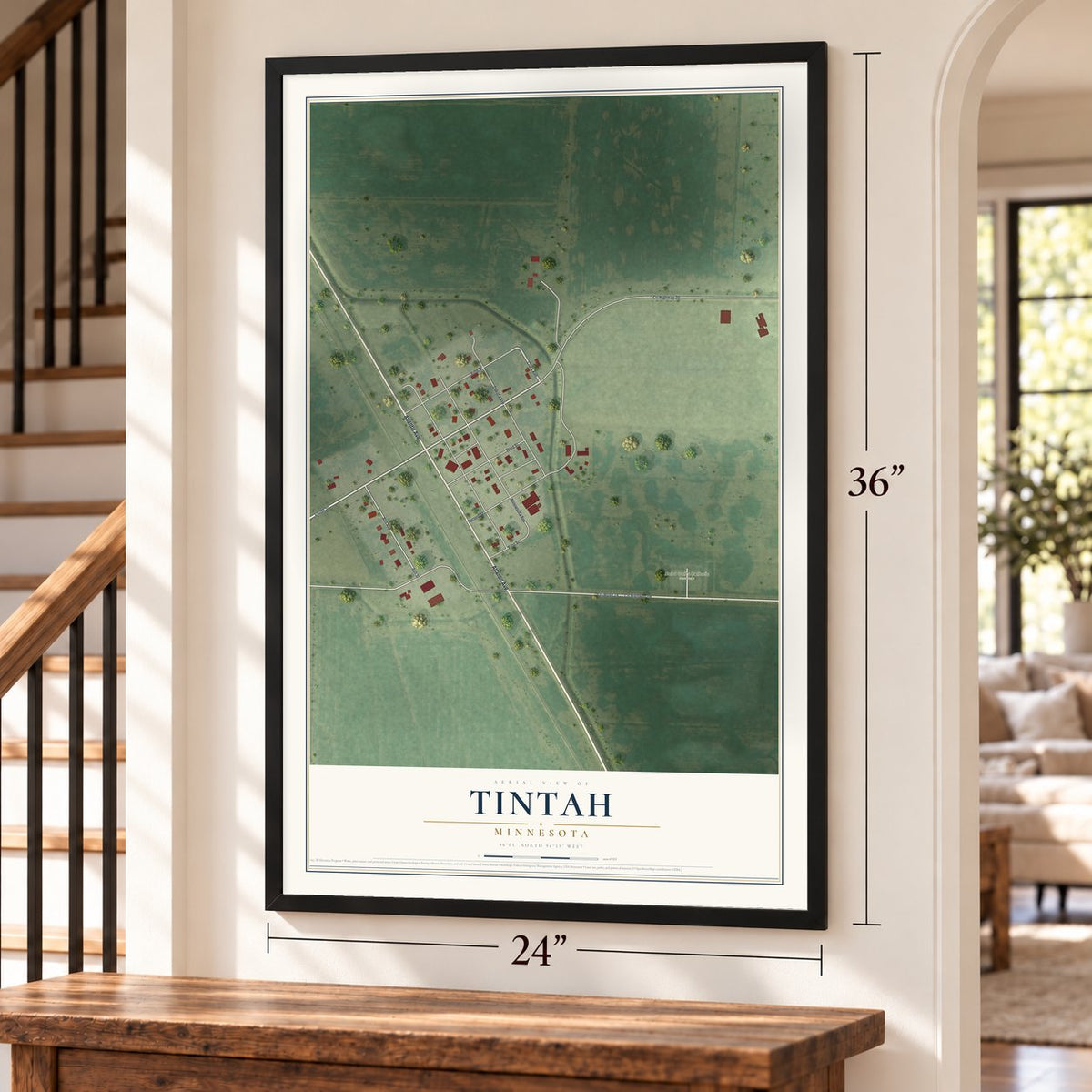 Tintah, Minnesota map, 24 x 36 inch print in a black frame by a staircase
