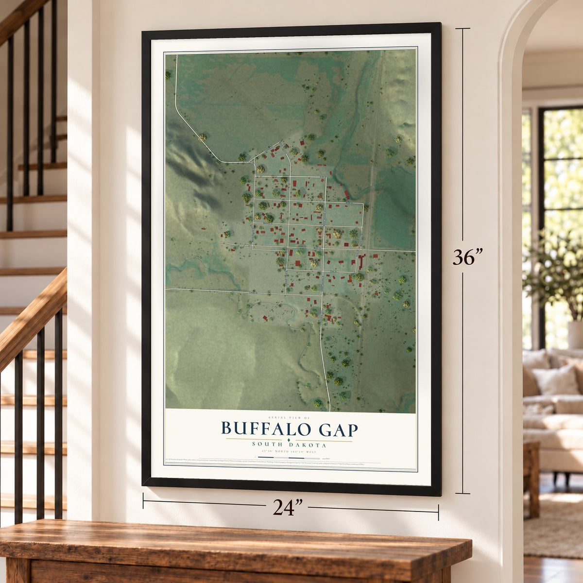 Buffalo Gap, South Dakota map, 24 x 36 inch print in a black frame by a staircase