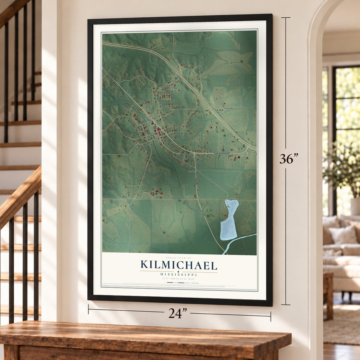 Kilmichael, Mississippi map, 24 x 36 inch print in a black frame by a staircase