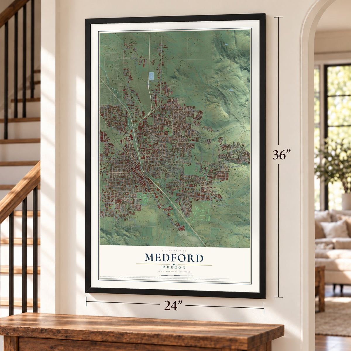 Medford, Oregon map, 24 x 36 inch print in a black frame by a staircase