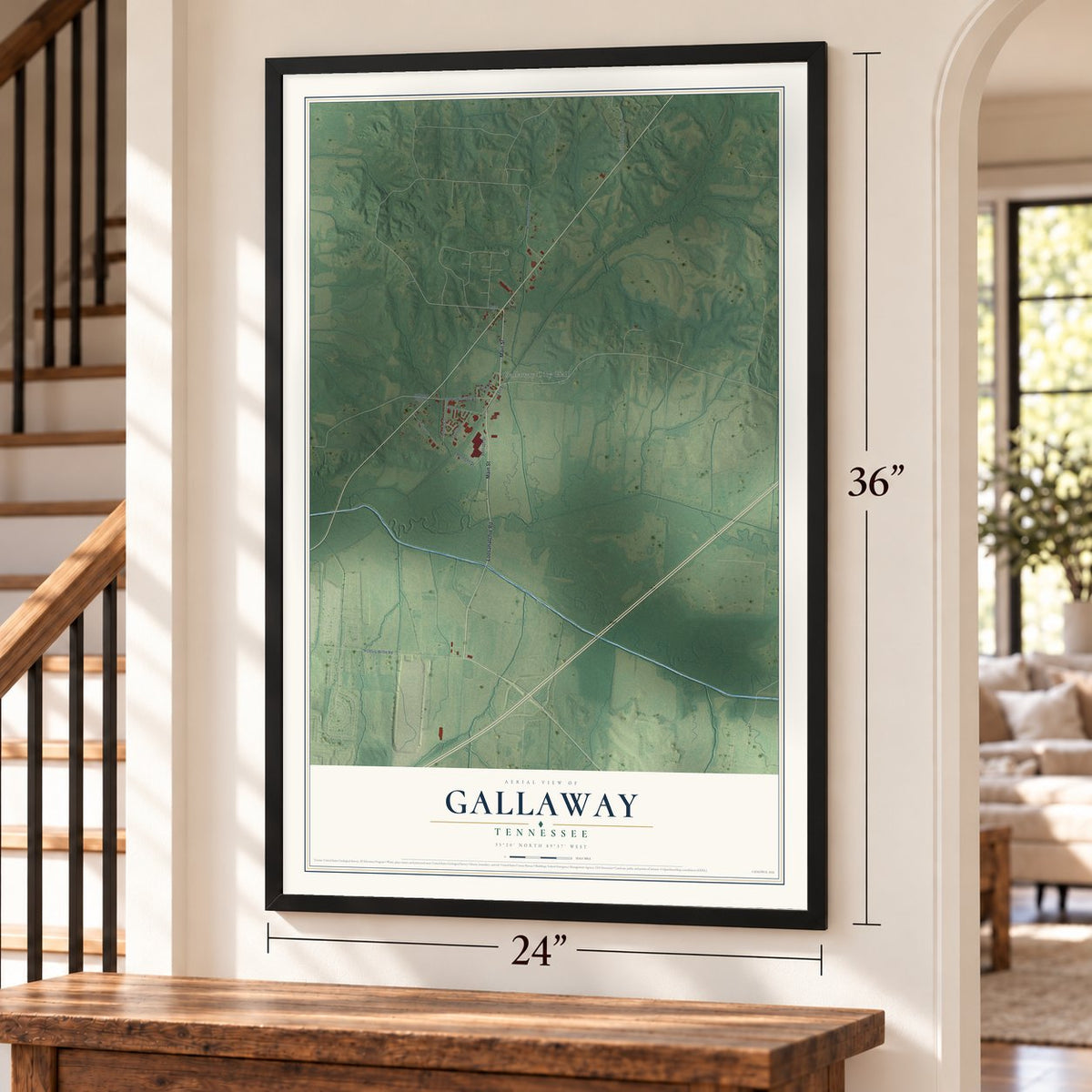 Gallaway, Tennessee map, 24 x 36 inch print in a black frame by a staircase