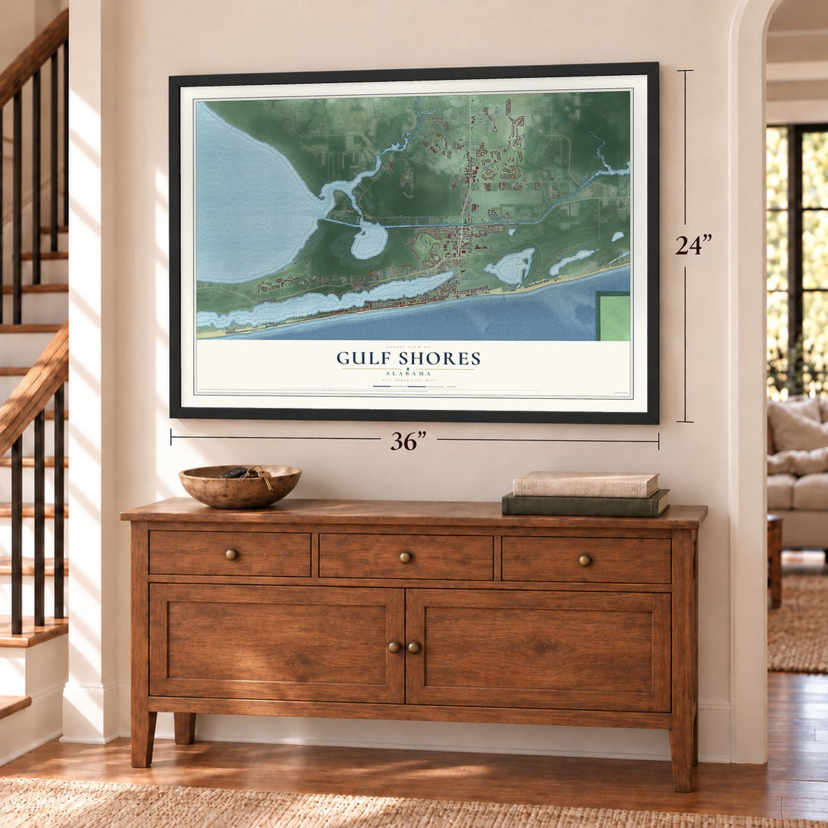 Gulf Shores, Alabama map, 24 x 36 inch print in a black frame above a dresser by a staircase
