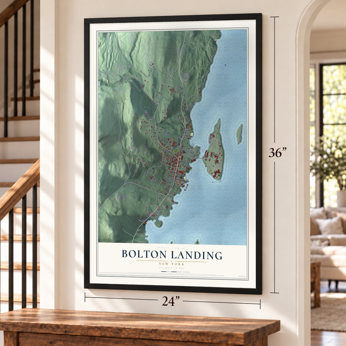 Bolton Landing, New York map, 24 x 36 inch print in a black frame by a staircase