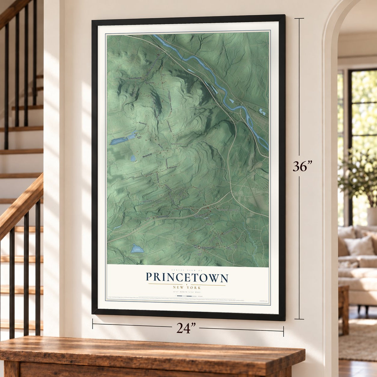 Princetown, New York map, 24 x 36 inch print in a black frame by a staircase