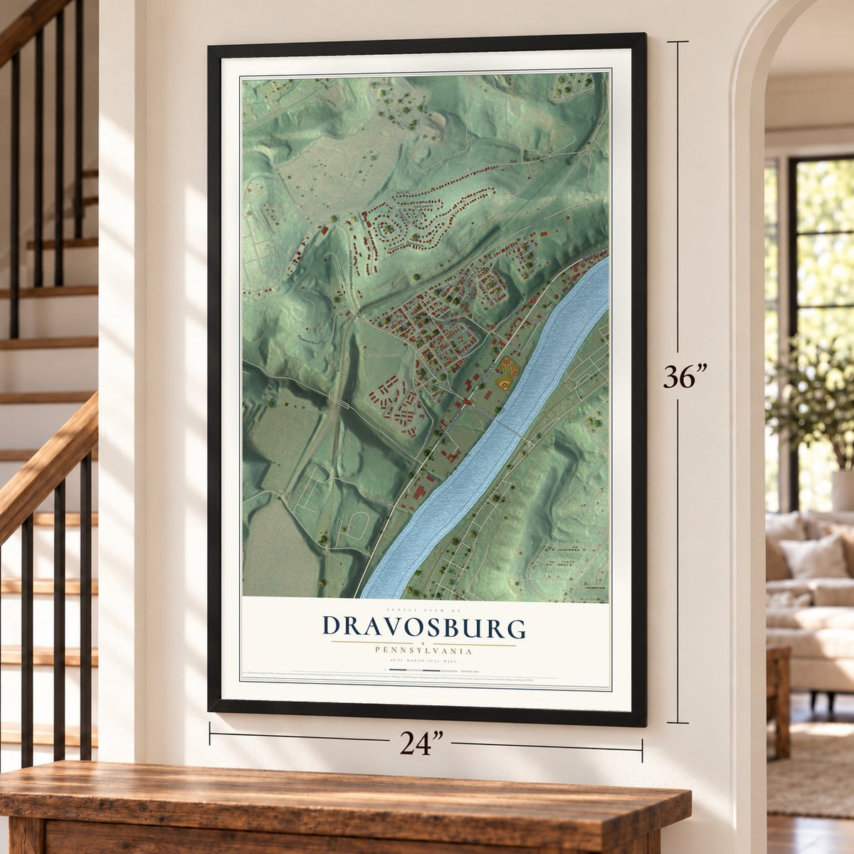 Dravosburg, Pennsylvania map, 24 x 36 inch print in a black frame by a staircase