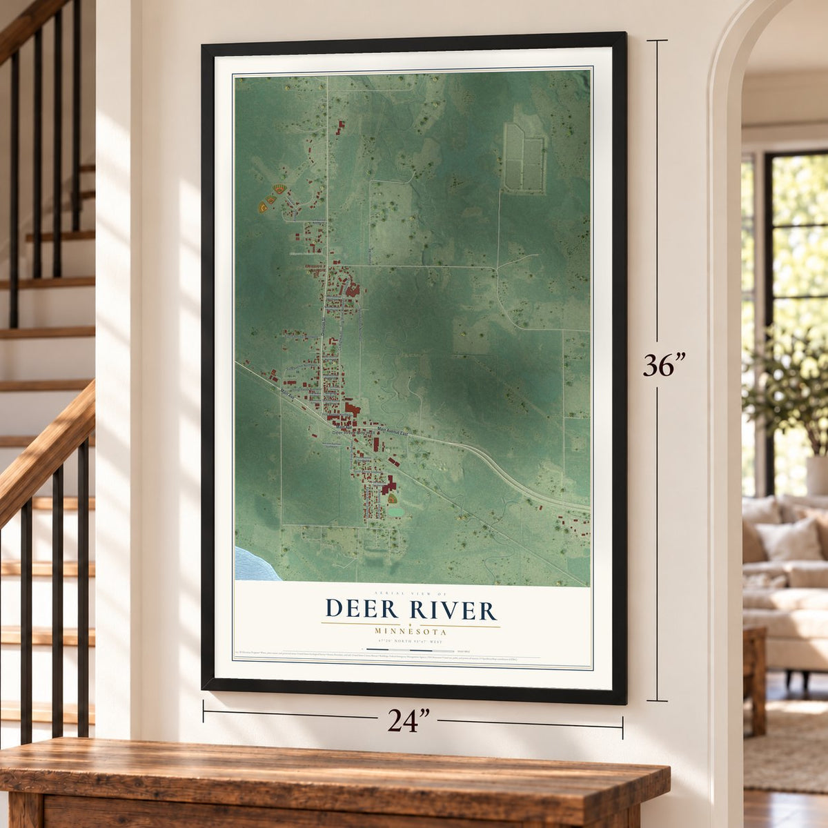 Deer River, Minnesota map, 24 x 36 inch print in a black frame by a staircase