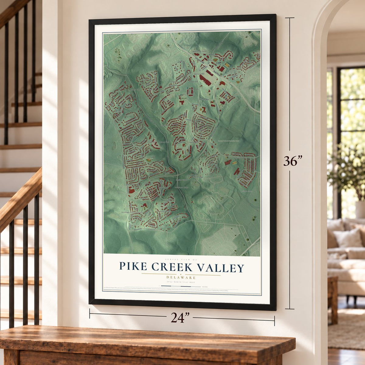 Pike Creek Valley, Delaware map, 24 x 36 inch print in a black frame by a staircase