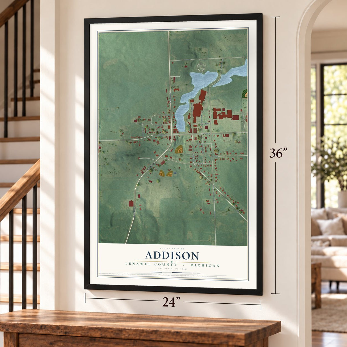 Addison, Lenawee County, Michigan map, 24 x 36 inch print in a black frame by a staircase