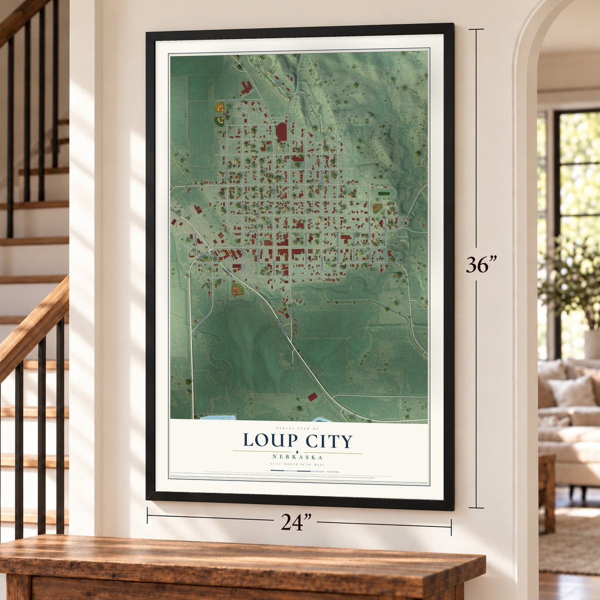 Loup City, Nebraska map, 24 x 36 inch print in a black frame by a staircase