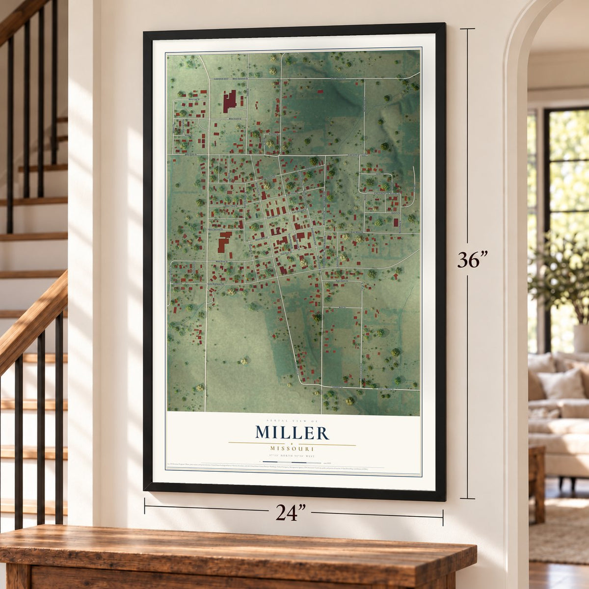 Miller, Missouri map, 24 x 36 inch print in a black frame by a staircase
