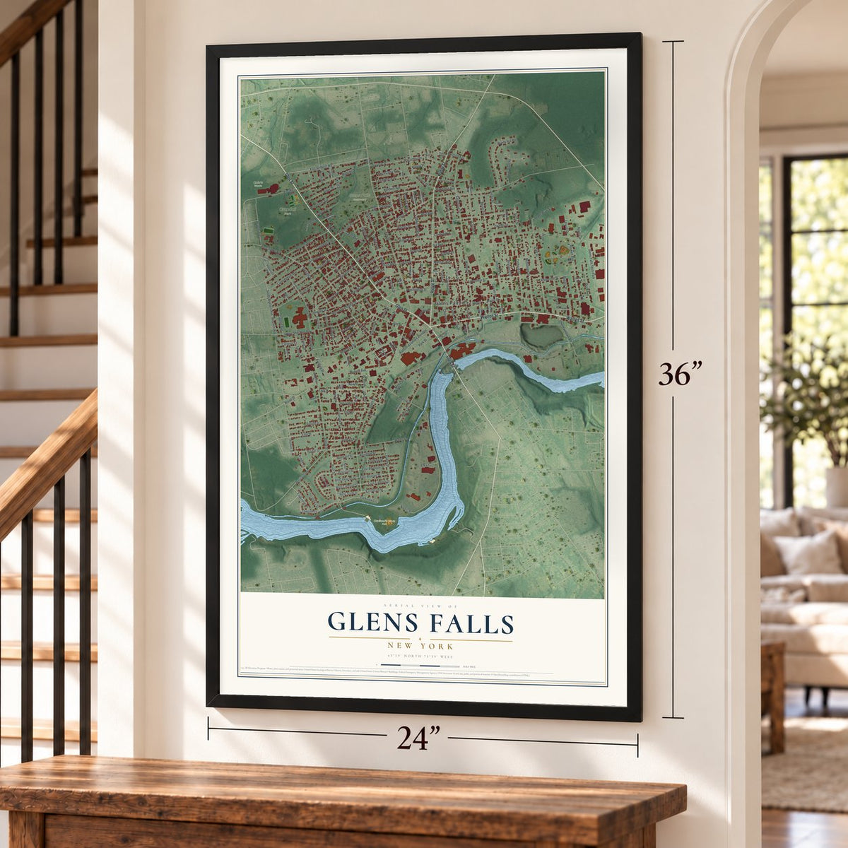 Glens Falls, New York map, 24 x 36 inch print in a black frame by a staircase