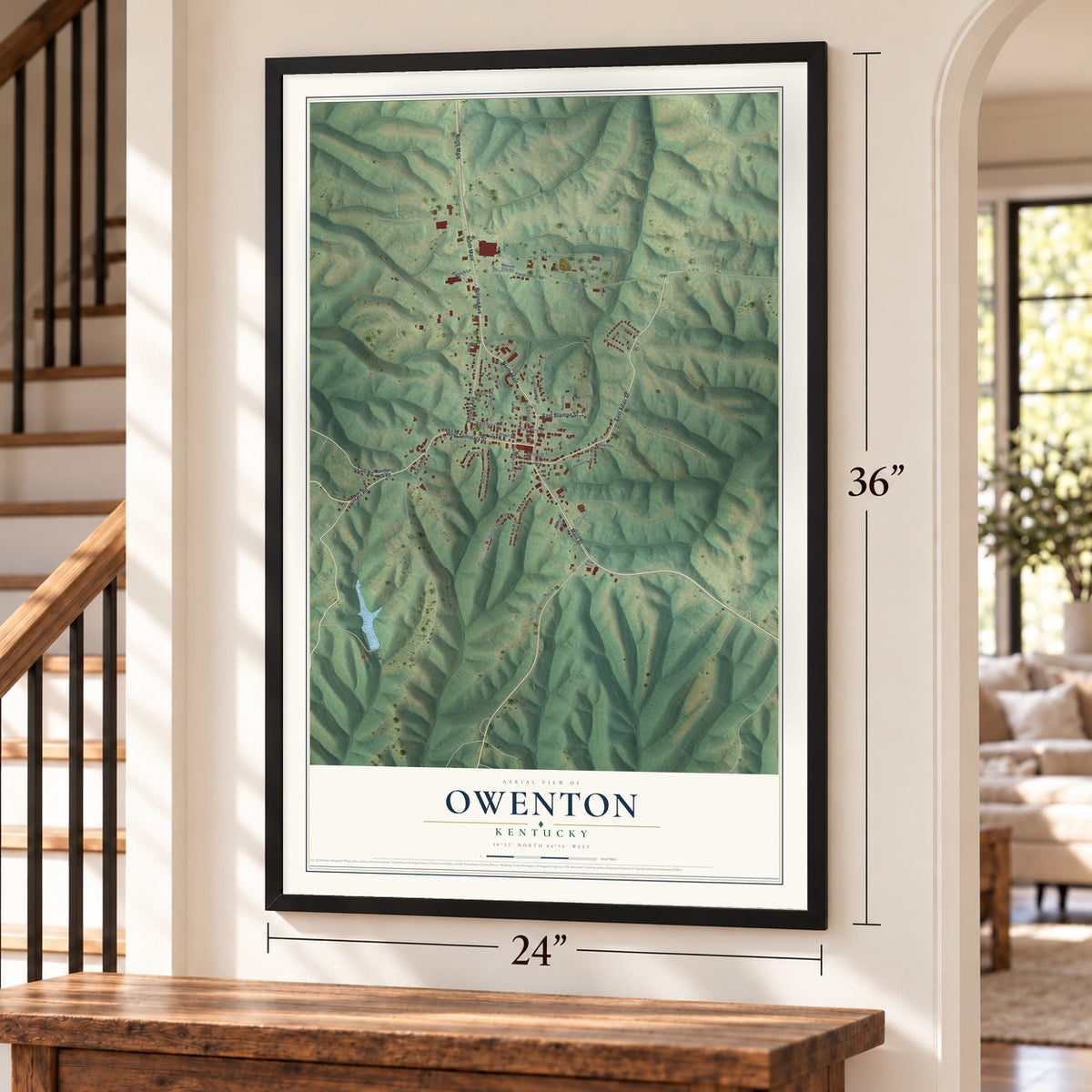 Owenton, Kentucky map, 24 x 36 inch print in a black frame by a staircase