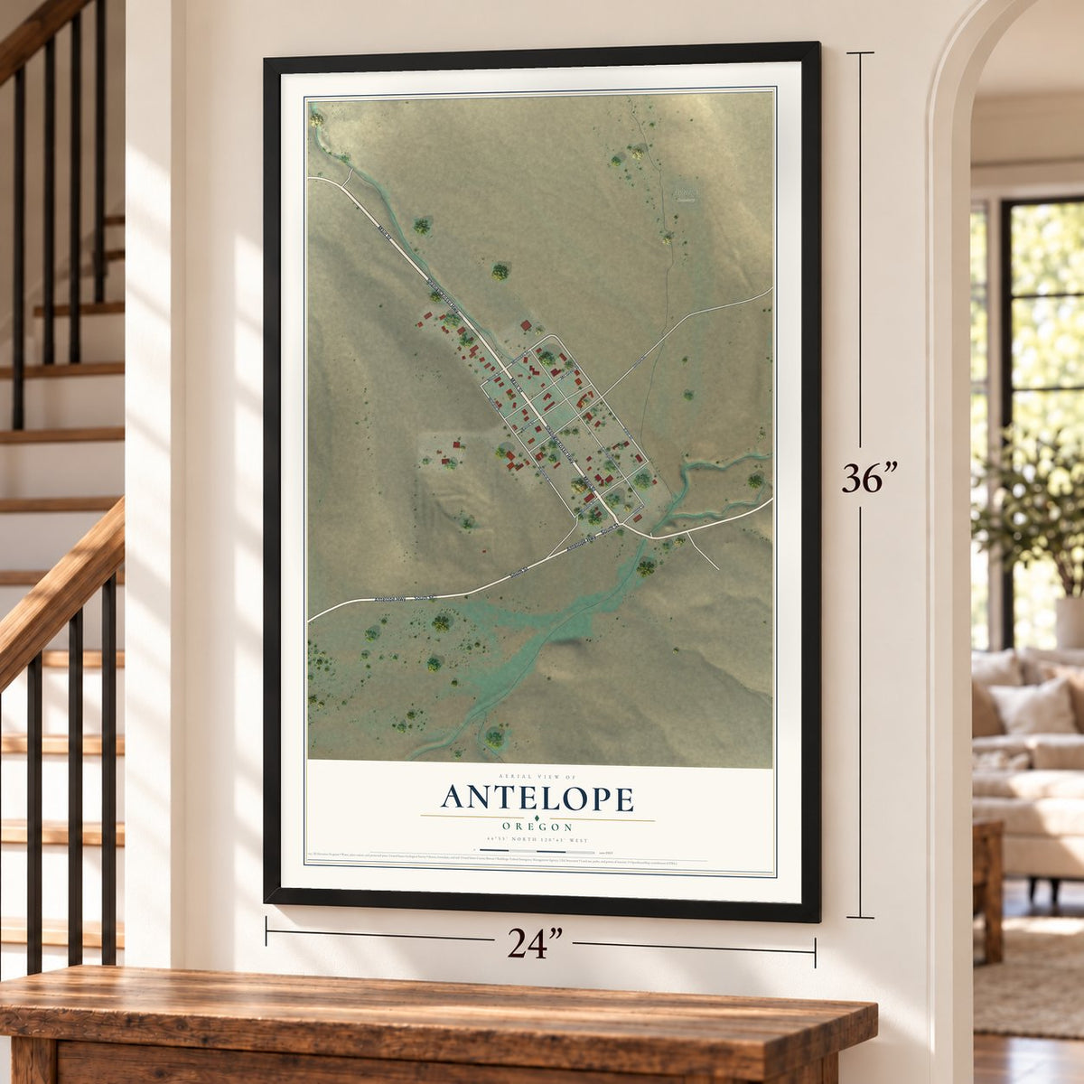 Antelope, Oregon map, 24 x 36 inch print in a black frame by a staircase