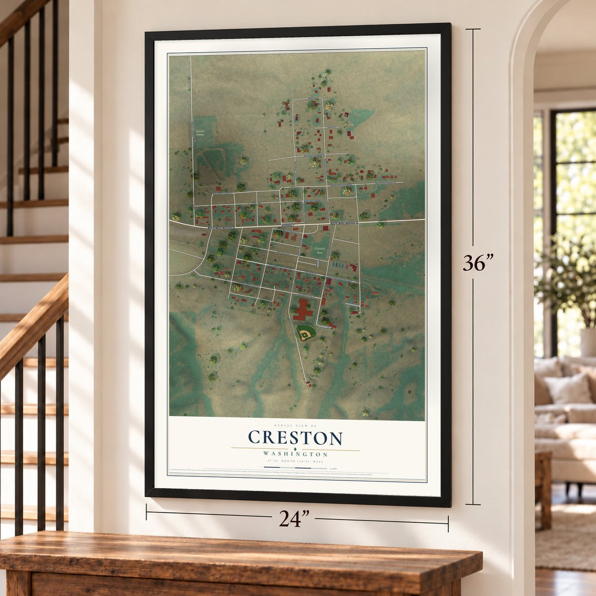 Creston, Washington map, 24 x 36 inch print in a black frame by a staircase