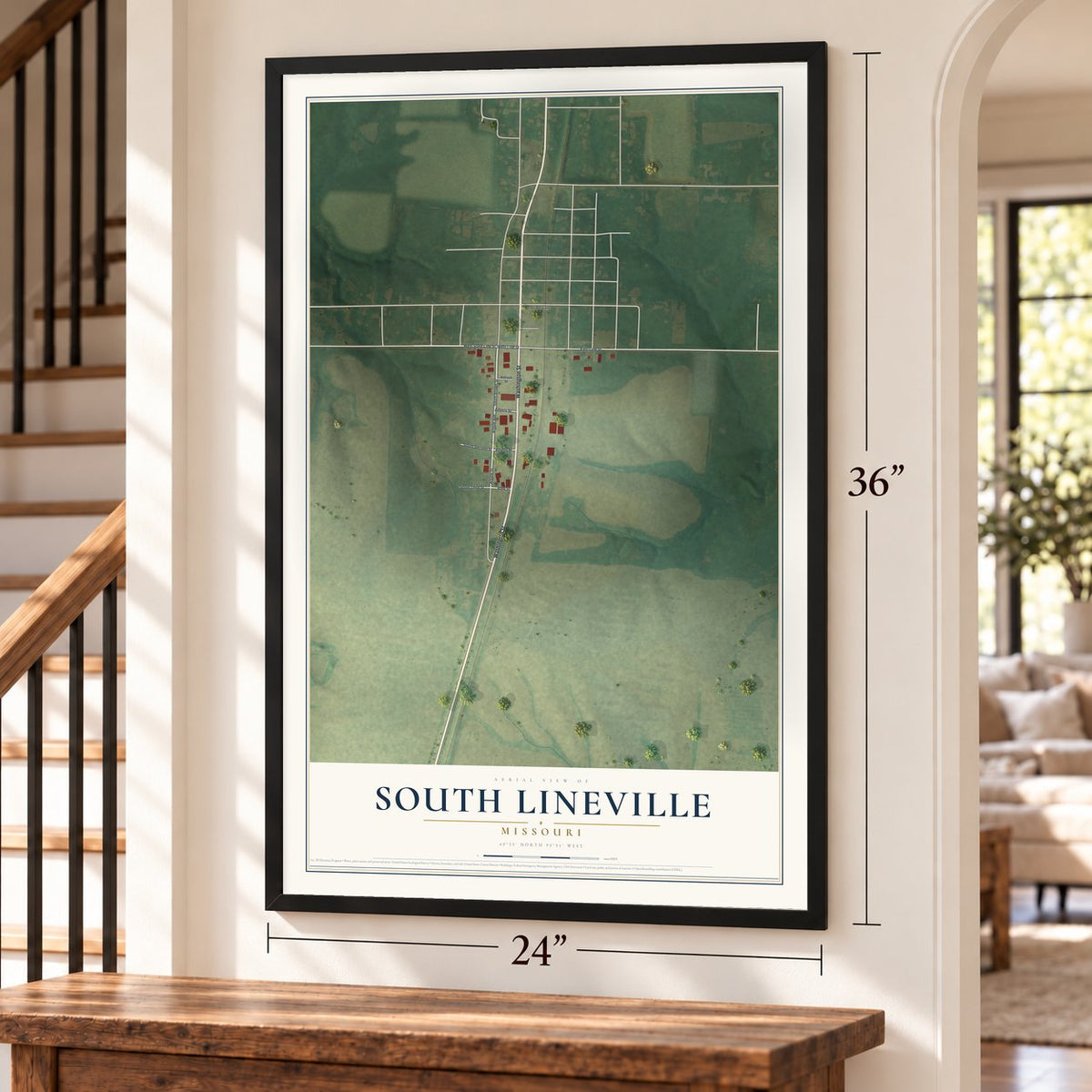 South Lineville, Missouri map, 24 x 36 inch print in a black frame by a staircase