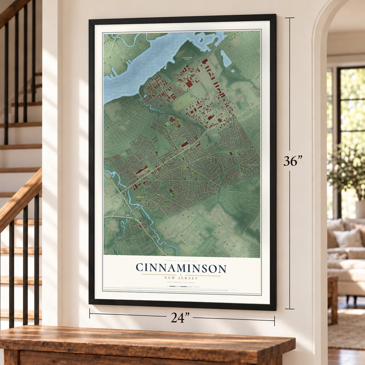 Cinnaminson, New Jersey map, 24 x 36 inch print in a black frame by a staircase