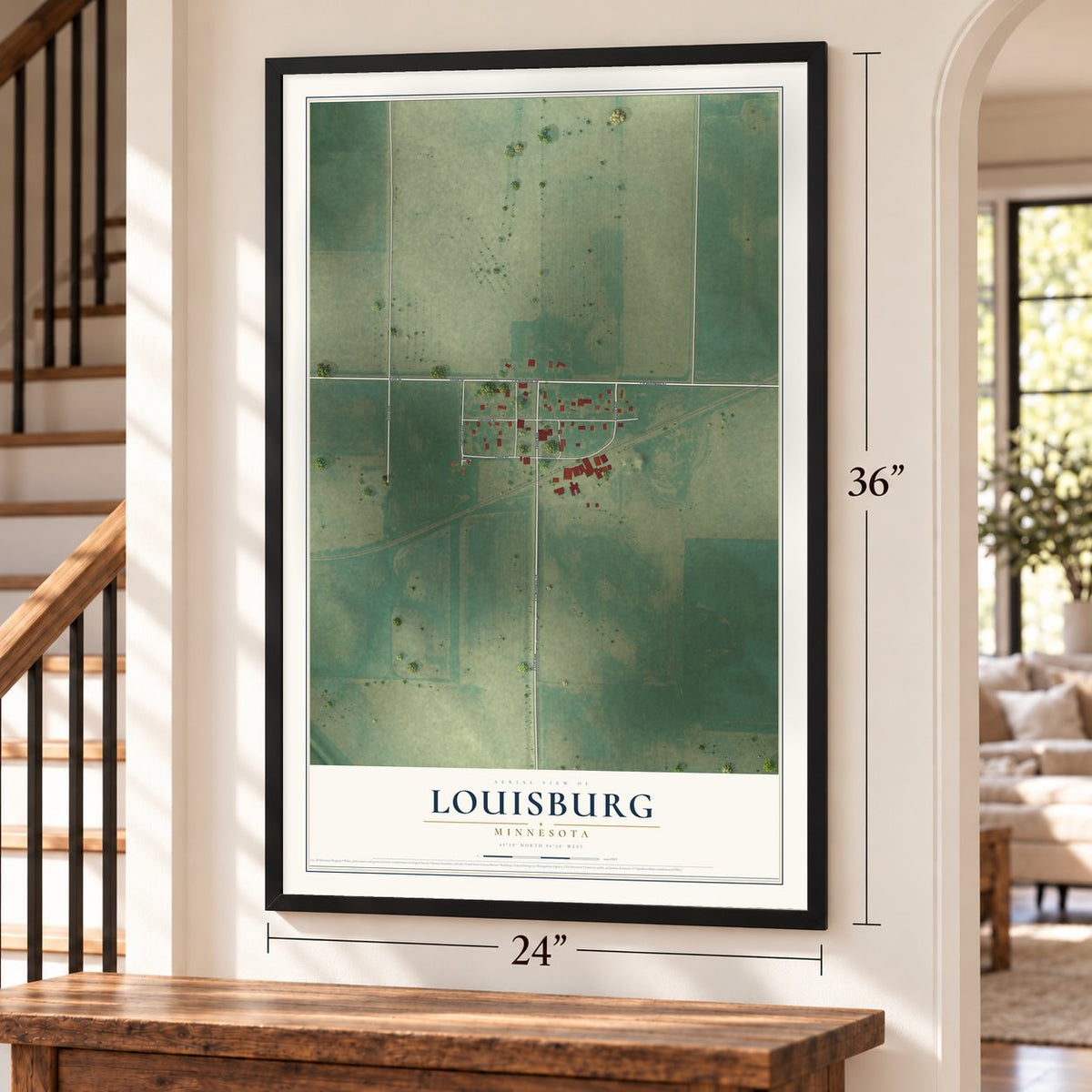 Louisburg, Minnesota map, 24 x 36 inch print in a black frame by a staircase
