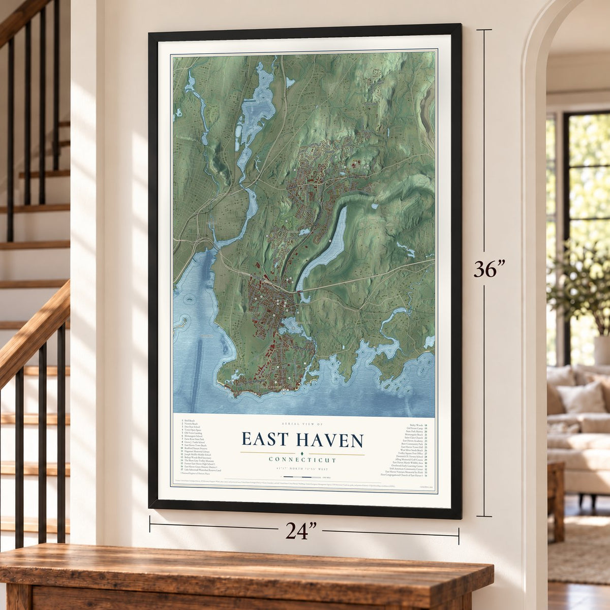 East Haven, Connecticut map, 24 x 36 inch print in a black frame by a staircase