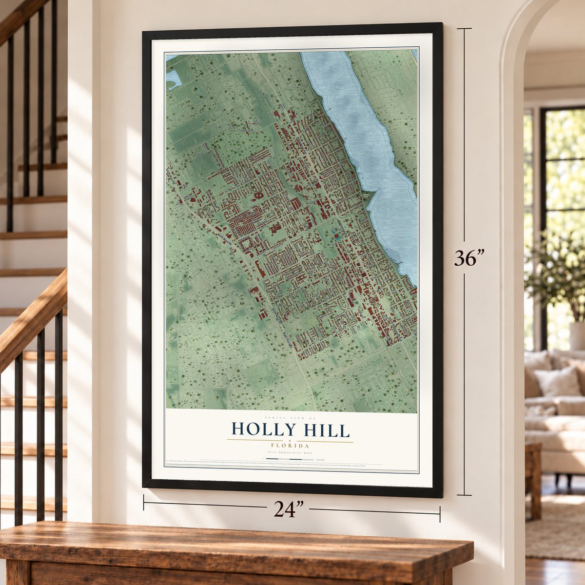 Holly Hill, Florida map, 24 x 36 inch print in a black frame by a staircase