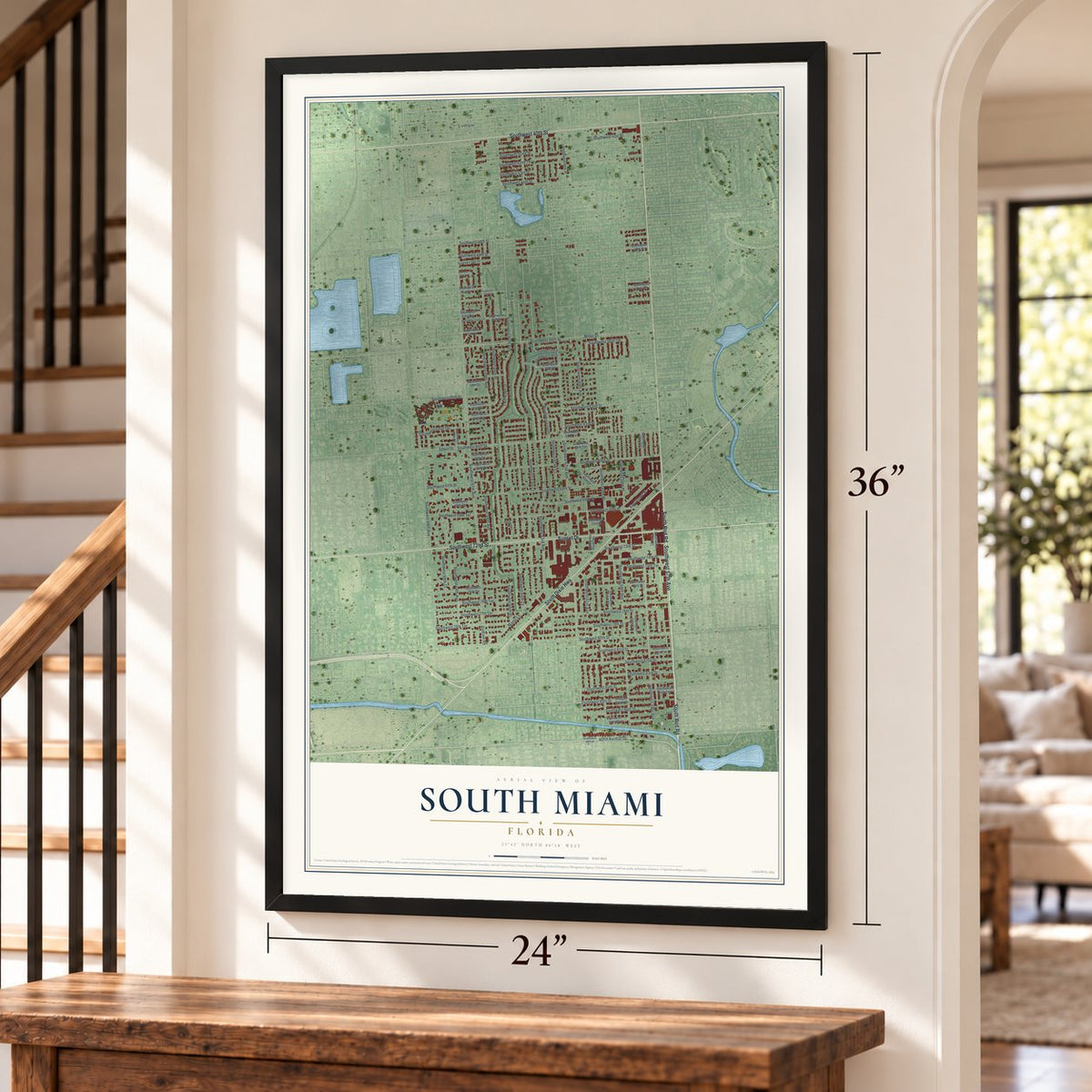 South Miami, Florida map, 24 x 36 inch print in a black frame by a staircase