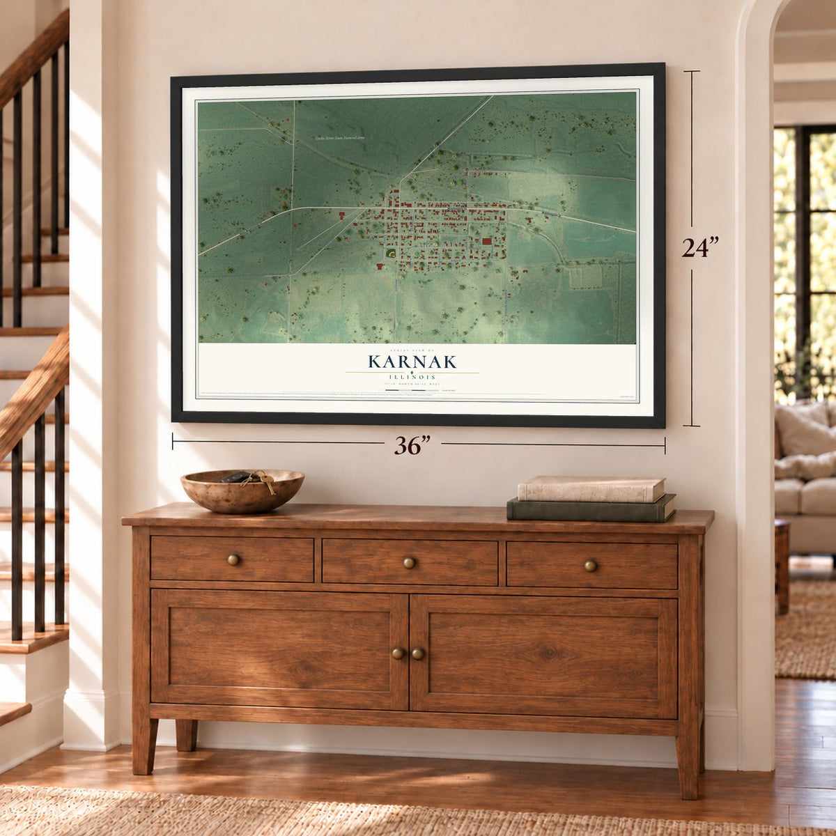 Karnak, Illinois map, 24 x 36 inch print in a black frame above a dresser by a staircase